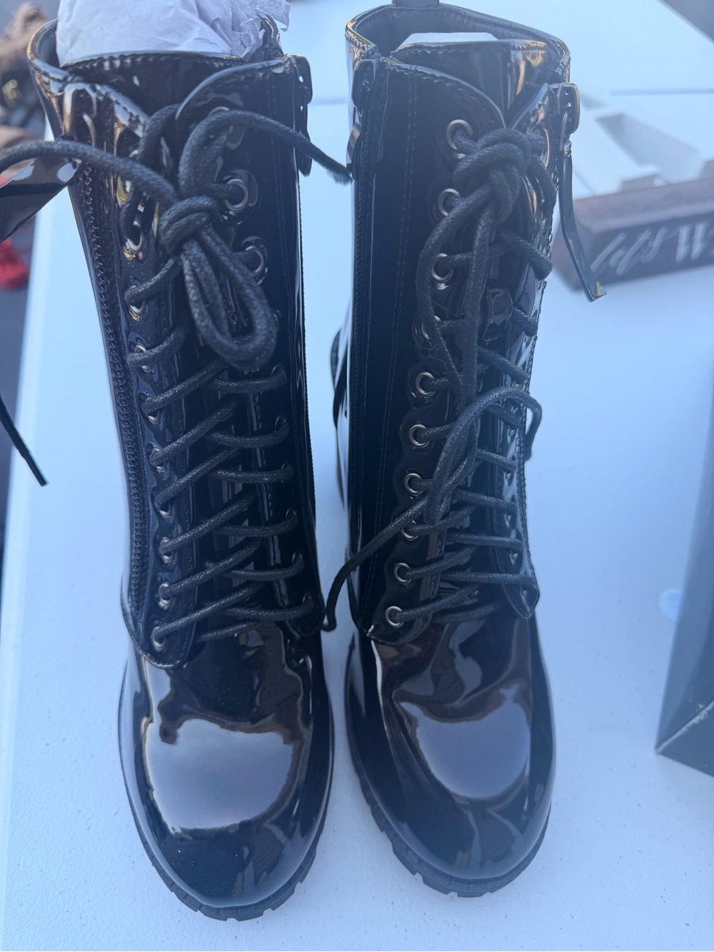 New Fashion Nova Black Patent Lace-Up Combat Boots